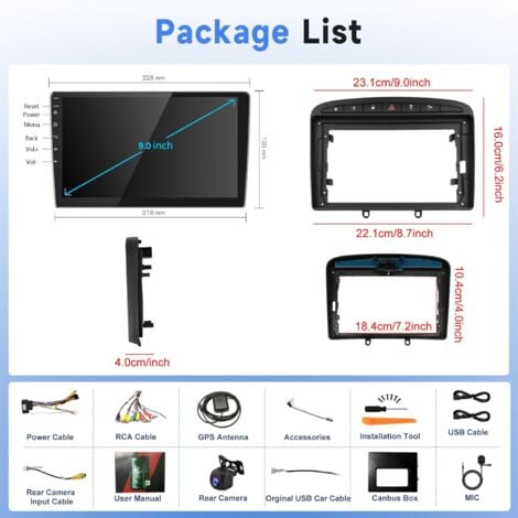 Autoradio Carplay pour Peugeot 308/408 2007-2013, Autoradio 9" avec écran Tactile et sans Fil A-pple Carplay Android Auto, Bluetooth/GPS/WiFi/FM/RDS/SWC/HiFi/USB+Caméra arrière