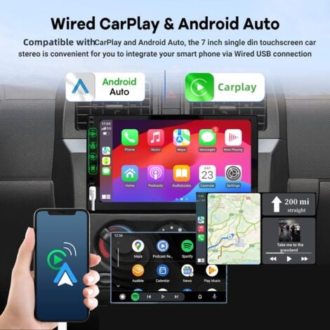 Autoradio Bluetooth 1 DIN avec Carplay et Android Auto - 7 Pouces HD Ecran Tactile Poste Radio Voiture Soutien Lien Miroir iOS/Android/Radio FM/USB/EQ – Autoradio avec Caméra de Recul
