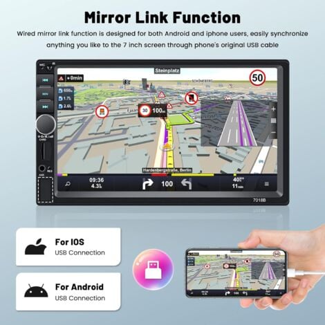 2 DIN Autoradio Wired Mirror Link FM, Bluetooth, Écran Tactile 7" Poste Radio Voiture Caméra de Recul, USB Charge AUX Con Pomo