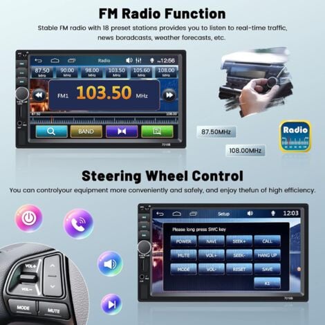 2 DIN Autoradio Wired Mirror Link FM, Bluetooth, Écran Tactile 7" Poste Radio Voiture Caméra de Recul, USB Charge AUX Con Pomo
