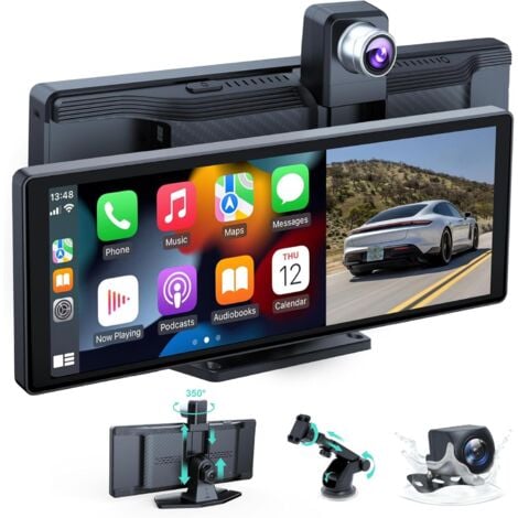 Autoradio sans fil, audio de voiture portable 10,26 pouces, écran Carplay avec caméra de tableau de bord double 4K avant + arrière 1080P, lecture de voiture sans fil avec Mirror Link/S-iri/AUX/128G TF