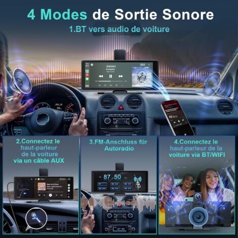 Autoradio sans fil, audio de voiture portable 10,26 pouces, écran Carplay avec caméra de tableau de bord double 4K avant + arrière 1080P, lecture de voiture sans fil avec Mirror Link/S-iri/AUX/128G TF
