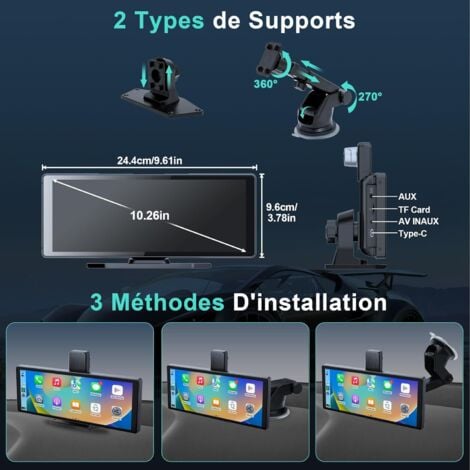 Autoradio sans fil, audio de voiture portable 10,26 pouces, écran Carplay avec caméra de tableau de bord double 4K avant + arrière 1080P, lecture de voiture sans fil avec Mirror Link/S-iri/AUX/128G TF
