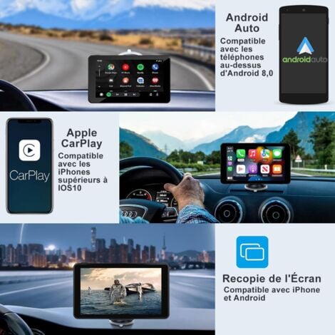 CarPlay Voiture, Portable CarPlay & Android Auto sans Fil avec 1080P Caméra de Recul, Stéréo de Voiture 7 Pouces IPS Écran Tactile avec Navigation, Assistant Vocal, Bluetooth, FM, Mirror Link