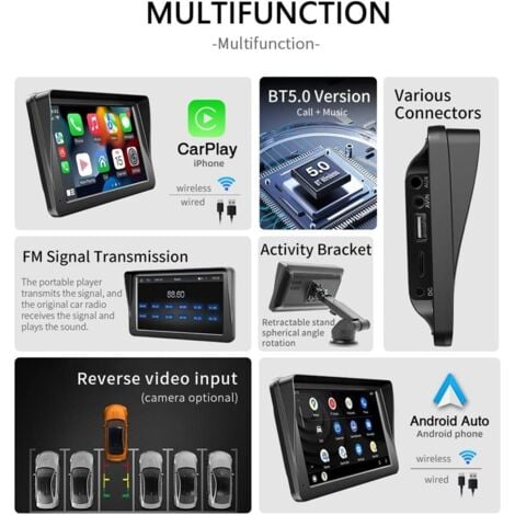 Ecran Carplay Voiture avec Carplay sans Fil Android Auto,7 Pouces Ecran Tactile, Lien Miroir, Navigation, Siri, G00gle Assistant Vocal, Bluetooth 5.0, Aux, FM