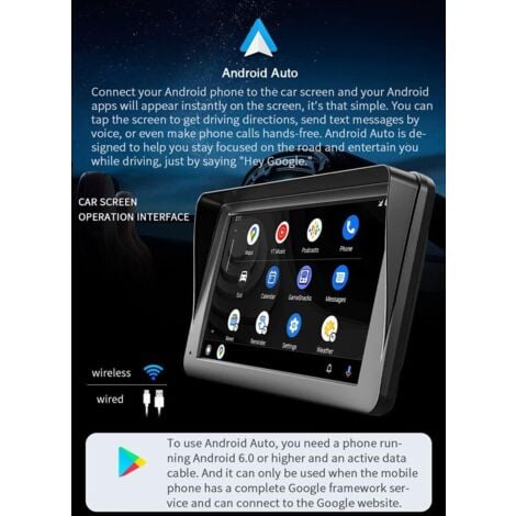 Ecran Carplay Voiture avec Carplay sans Fil Android Auto,7 Pouces Ecran Tactile, Lien Miroir, Navigation, Siri, G00gle Assistant Vocal, Bluetooth 5.0, Aux, FM