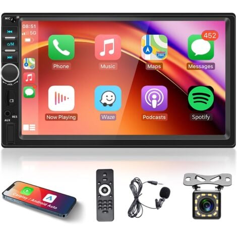 Apple Carplay Autoradio 2 Din avec Android Auto Bluetooth Mains Libres 7 Pouces ÉcranTactile Autoradio avec Mirror Link FM/USB/AUX/EQ/TF Commandes au Volant + Caméra de Recul Microphone Télécommande