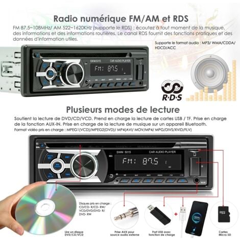 Autoradio avec lecteur CD Bluetooth mains libres, Bluetooth 1 DIN USB/TF/lecteur MP3/AUX in,radio FM/AM, RDS, RCA, fonction de recherche automatique, 60 W x 4, fonction de charge rapide