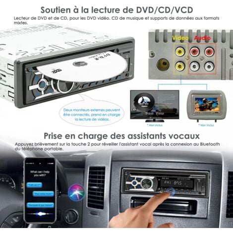 Autoradio avec lecteur CD Bluetooth mains libres, Bluetooth 1 DIN USB/TF/lecteur MP3/AUX in,radio FM/AM, RDS, RCA, fonction de recherche automatique, 60 W x 4, fonction de charge rapide