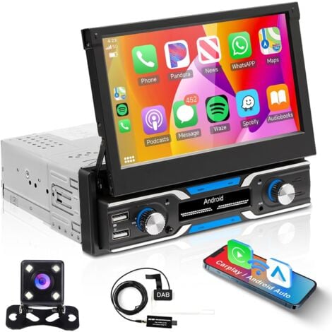 1G+32G Android Autoradio 1 Din avec Navi GPS WiFi DAB Adaptateur 7 Pouces Automatique Rétractable Tactile Autoradio avec Mirror Link Bluetooth FM/RDS/DVR/DAB+/OBD2 Commande au Volant + Caméra de Recul