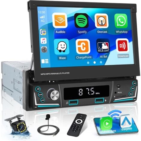 Carplay sans Fil Autoradio Écran Retractable Tactile 7 Pouce, Autoradio 1 Din Wireless Android Auto Poste Radio Voiture Bluetooth FM AM Radio USB AUX TF Caméra de Recul