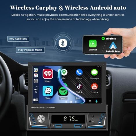 Carplay sans Fil Autoradio Écran Retractable Tactile 7 Pouce, Autoradio 1 Din Wireless Android Auto Poste Radio Voiture Bluetooth FM AM Radio USB AUX TF Caméra de Recul
