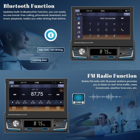 Carplay sans Fil Autoradio Écran Retractable Tactile 7 Pouce, Autoradio 1 Din Wireless Android Auto Poste Radio Voiture Bluetooth FM AM Radio USB AUX TF Caméra de Recul