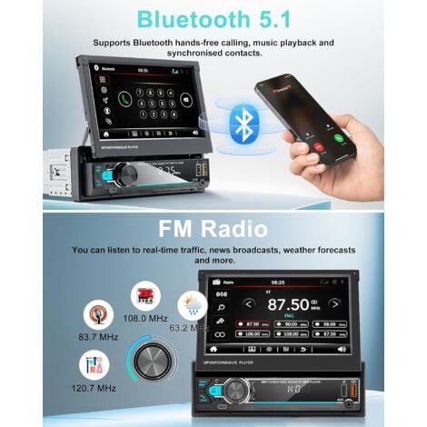 1 DIN Autoradio avec Motorisé Écran Tactile Rétractable de 7 Pouces,Poste Radio Voiture avec Mains Libres Bluetooth Mirror Link Radio FM Commande au Volant,Support USB/AUX/Type-c,Caméra de Recul
