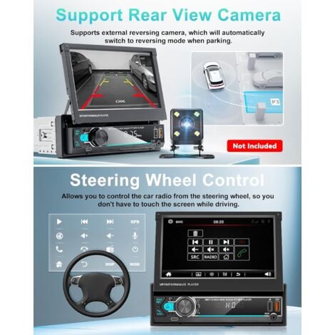 1 DIN Autoradio avec Motorisé Écran Tactile Rétractable de 7 Pouces,Poste Radio Voiture avec Mains Libres Bluetooth Mirror Link Radio FM Commande au Volant,Support USB/AUX/Type-c,Caméra de Recul