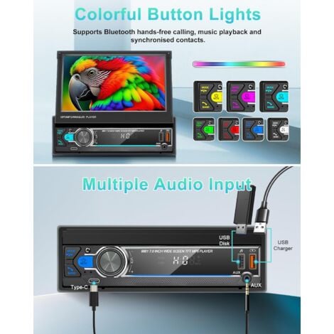 1 DIN Autoradio avec Motorisé Écran Tactile Rétractable de 7 Pouces,Poste Radio Voiture avec Mains Libres Bluetooth Mirror Link Radio FM Commande au Volant,Support USB/AUX/Type-c,Caméra de Recul