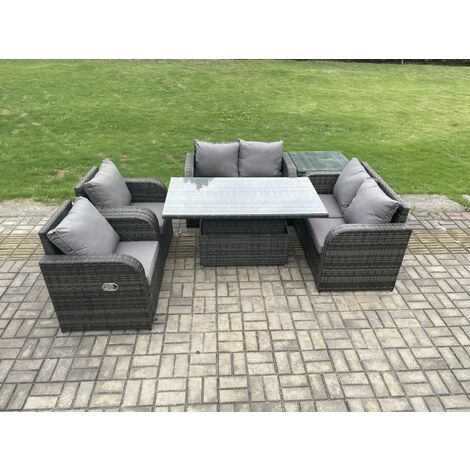 Fimous Rotin Meubles Jardin Salle À Manger En Plein Air Patio Hauteur Réglable Table Élévatrice Amour Canapé Chaise avec Table D’appoint (1/5)
