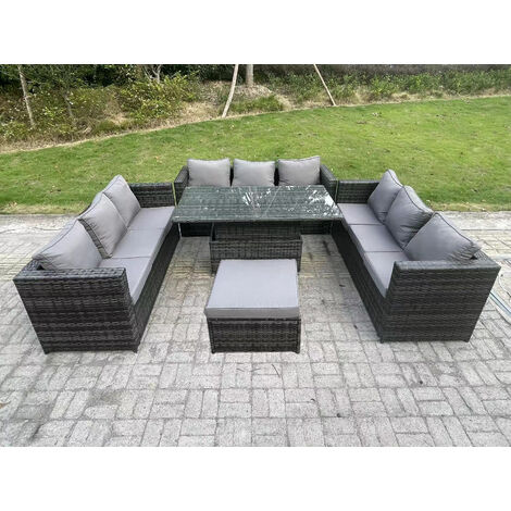 Fimous 10 Sièges Rotin Meubles De Jardin Canapé Ensemble Extérieur Table À Manger Réglable Grand Tabouret Gris Foncé Mixte (1/5)