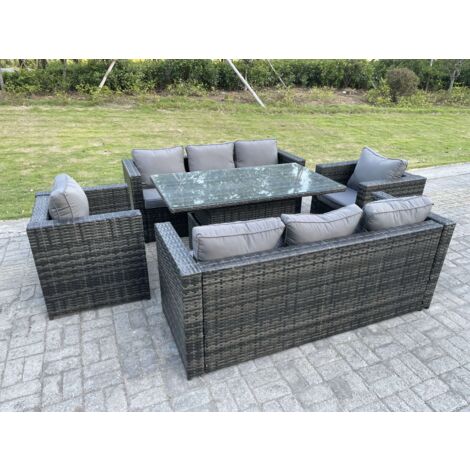Fimous – Table de jardin 8 places en rotin PE – Dimensions 140x80cm – Hauteur réglable 68/48cm – Plateau en verre trempé facile à nettoyer (1/4)