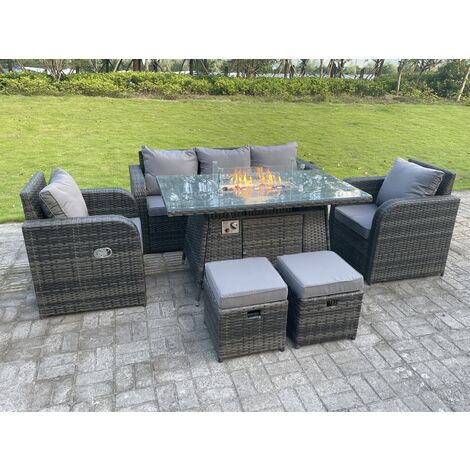 Fimous Dark Mixed Grey Rotin Outdoor Garden Furniture Set Gas Firepit Table Chauffage À Gaz Table À Manger Set Salon Canapé Chaise Longue Repose - Pieds 7 Places (1/4)