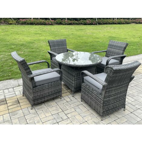 Fimous – Ensemble table et chaises de jardin 4 places – Rotin PE gris foncé – Table ronde 100cm avec verre trempé – Chaises à dossier haut