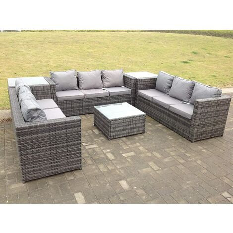Fimous Patio Canapé 9 Places En Rotin En U Ensemble Patio Mobilier De Jardin Extérieur Avec Tables Basses Gris Foncé (1/3)