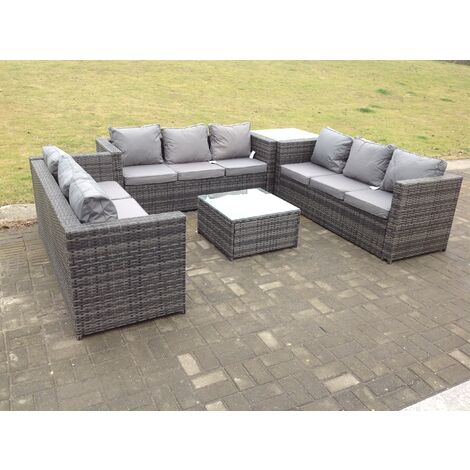 Fimous 9 Places En Forme De U En Rotin Meubles De Jardin Ensemble Patio Salon Extérieur Canapé Avec Tabouret de pied Gris Foncé (1/2)