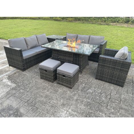 Fimous Mobilier De Jardin En Rotin Extérieur Foyer À Gaz Table À Manger Réchauffeur À Gaz Set Chaise Longue Petit Tabouret Gris Mélangé Foncé 9 Places (1/4)