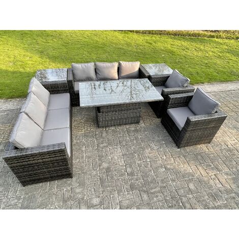 Fimous 8 Places Extérieur En Rotin Meubles De Jardin Réglables Table Élévatrice Fauteuil Gris Foncé (1/4)