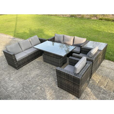 Fimous 8 Places Extérieur En Rotin Meubles De Jardin Réglables Table Et Chaises Élévatrices Gris Foncé (1/4)
