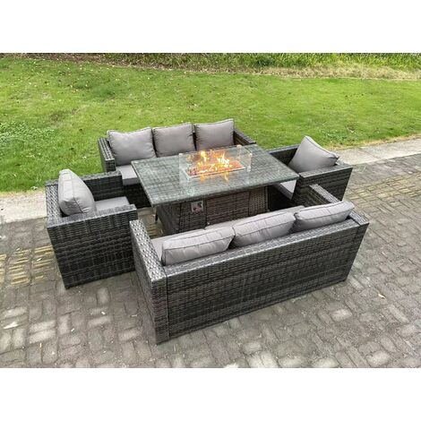 Fimous – Ensemble de jardin 8 places en rotin gris foncé – Canapé, 2 fauteuils et table à manger avec foyer à gaz – Verre trempé, coussins confortables (1/5)
