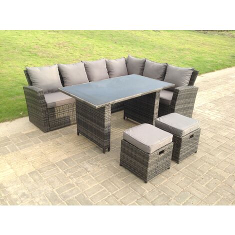Fimous High Back Gris Mixte Rotin Coin Canapé Table À Manger Avec Tabouret 8 Places Coin Droit (1/4)
