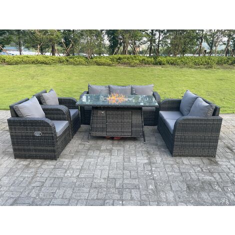 Fimous Dark Mixed Grey Rotin Mobilier De Jardin Extérieur Foyer À Gaz Table Set Chauffage À Gaz Salon Amour Canapé Chaise Longue 7 Places (1/4)