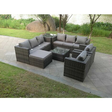 Fimous – Canapé de jardin 9 places en rotin gris foncé – Coussins épais lavables – Table basse et chaises incluses – Acier galvanisé robuste