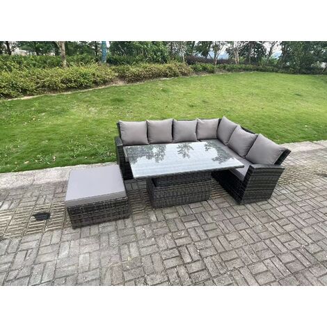 Fimous 7 Places Extérieur Rotin Haut Dossier Réglable Ascenseur Table À Manger Coin Canapé Set Mobilier De Jardin Gris Foncé Mixte Main Droite (1/4)
