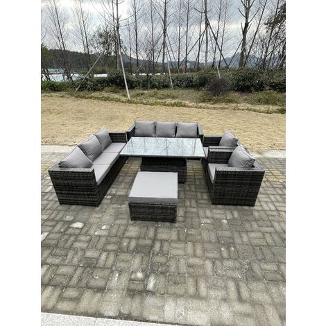 Fimous 9 Places Extérieur En Rotin Meubles De Jardin Set Réglable Table À Manger Avec Chaise Repose - Pieds Gris Foncé (1/4)