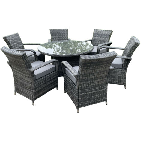 Fimous – Ensemble table et chaises de jardin 6 places – Rotin PE gris foncé – Table ronde en verre trempé 120cm – Accoudoirs ergonomiques