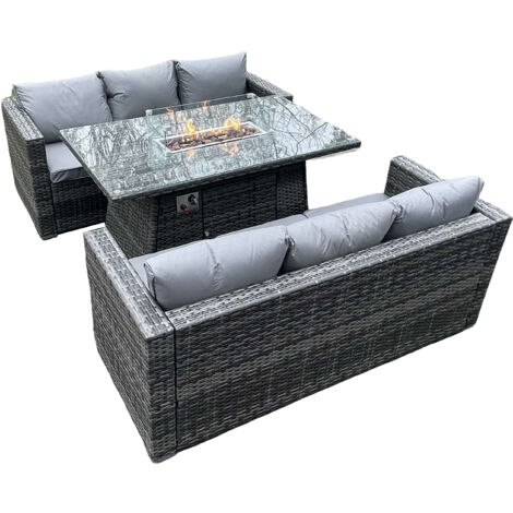 Fimous 6 places extérieur PE rotin meubles de jardin foyer à gaz table à manger ensemble canapé salon canapé trois places gris foncé mix terrasse (1/5)