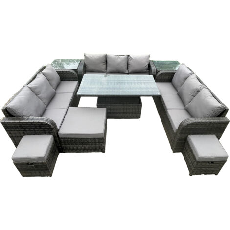 Fimous 12 places jardin salle à manger ensemble meubles en rotin extérieur canapé décontracté table élévatrice réglable en hauteur avec 2 tables d'appoint 3 repose-pieds gris foncé mix (1/5)