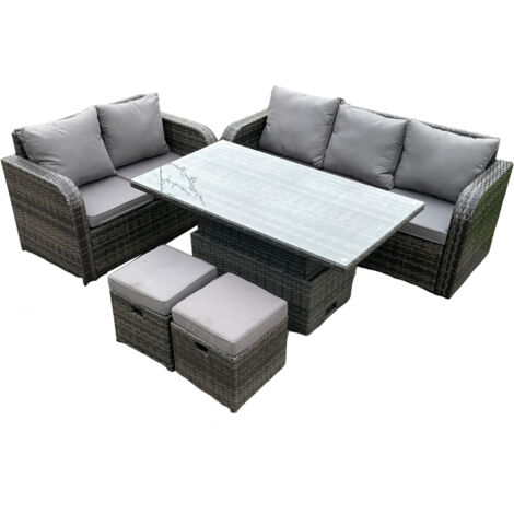 Fimous Extérieur en rotin ensemble salon de jardin hauteur réglable table de levage ensemble canapé décontracté Love Sofa 2 petit repose-pieds gris foncé mix (1/5)