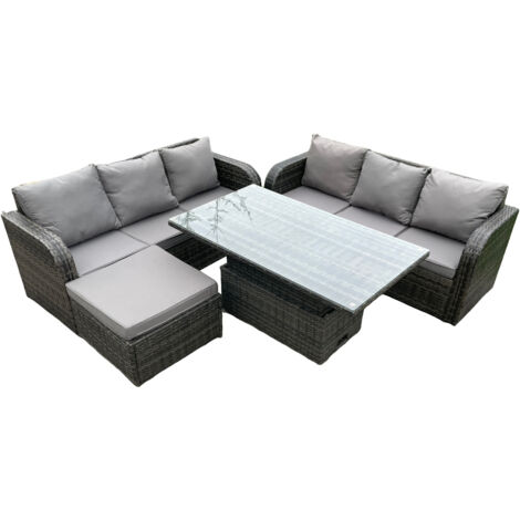 Fimous Extérieur en rotin ensemble salon de jardin hauteur réglable levage table à manger canapé ensemble grand repose-pieds gris foncé mix (1/5)