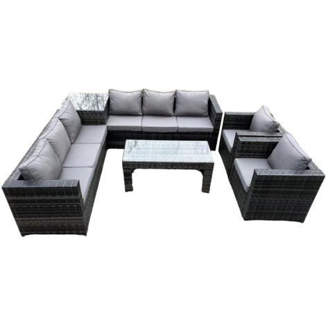Fimous Ensemble canapé d'angle en rotin pour 8 personnes avec table d'appoint carrée et table basse rectangulaire, 2 fauteuils, gris foncé mix (1/5)