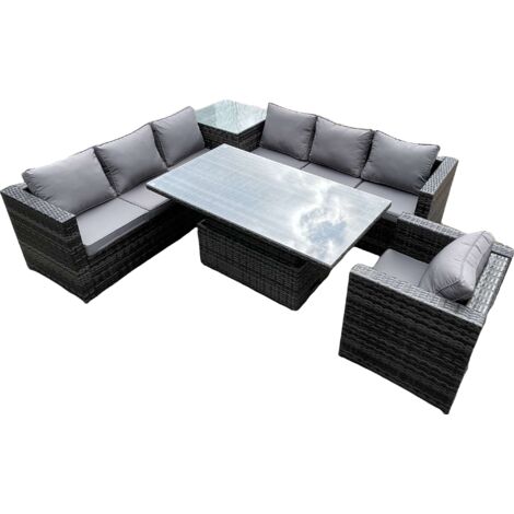 Fimous 7 places PE canapé d'angle en rotin ensemble mobilier de jardin ensemble de table à manger réglable surélevé table basse avec fauteuil (1/5)