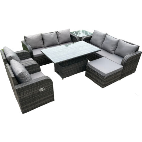 Fimous PE rotin extérieur salon de jardin ensemble hauteur réglable table à manger canapé ensemble avec chaise longue table d'appoint repose-pieds gris foncé mix (1/5)