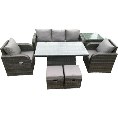 Fimous Osier PE rotin ensemble salon de jardin extérieur table à manger élévateur réglable en hauteur avec fauteuil table d'appoint 2 petits repose-pieds (1/5)