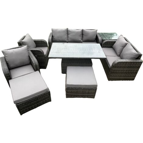 Fimous Meubles d'extérieur en rotin Jardin Salle à manger Patio Ascenseur réglable en hauteur Chaise longue Canapé Table d'appoint 2 grands repose-pieds (1/5)