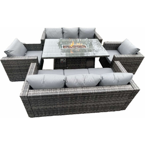 Fimous – Ensemble de salon de jardin 8 places – Rotin PE gris foncé – Table à manger avec foyer à gaz 140x80cm – 2 canapés et 2 fauteuils