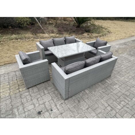 Fimous – Salon de jardin en rotin PE – Table à manger réglable en hauteur 140x80cm – 2 canapés avec accoudoirs et 2 fauteuils gris clair (1/5)