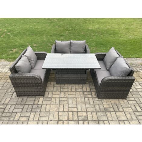 Fimous Salon de jardin en rotin 3 pièces Love Sofa et Table à manger réglable en hauteur Mélange gris foncé (1/5)