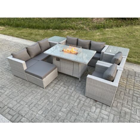Fimous Ensemble de meubles de jardin en rotin ensemble Table de foyer à gaz canapé ave 2 Fauteuil 2 Table d'appoint Tabourets Gris Clair (1/5)